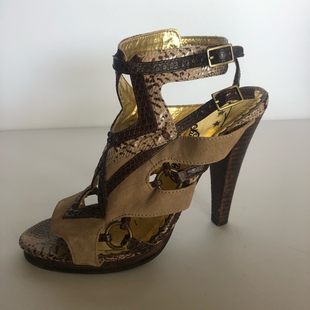 Brown Suede and Snake Print Heels
